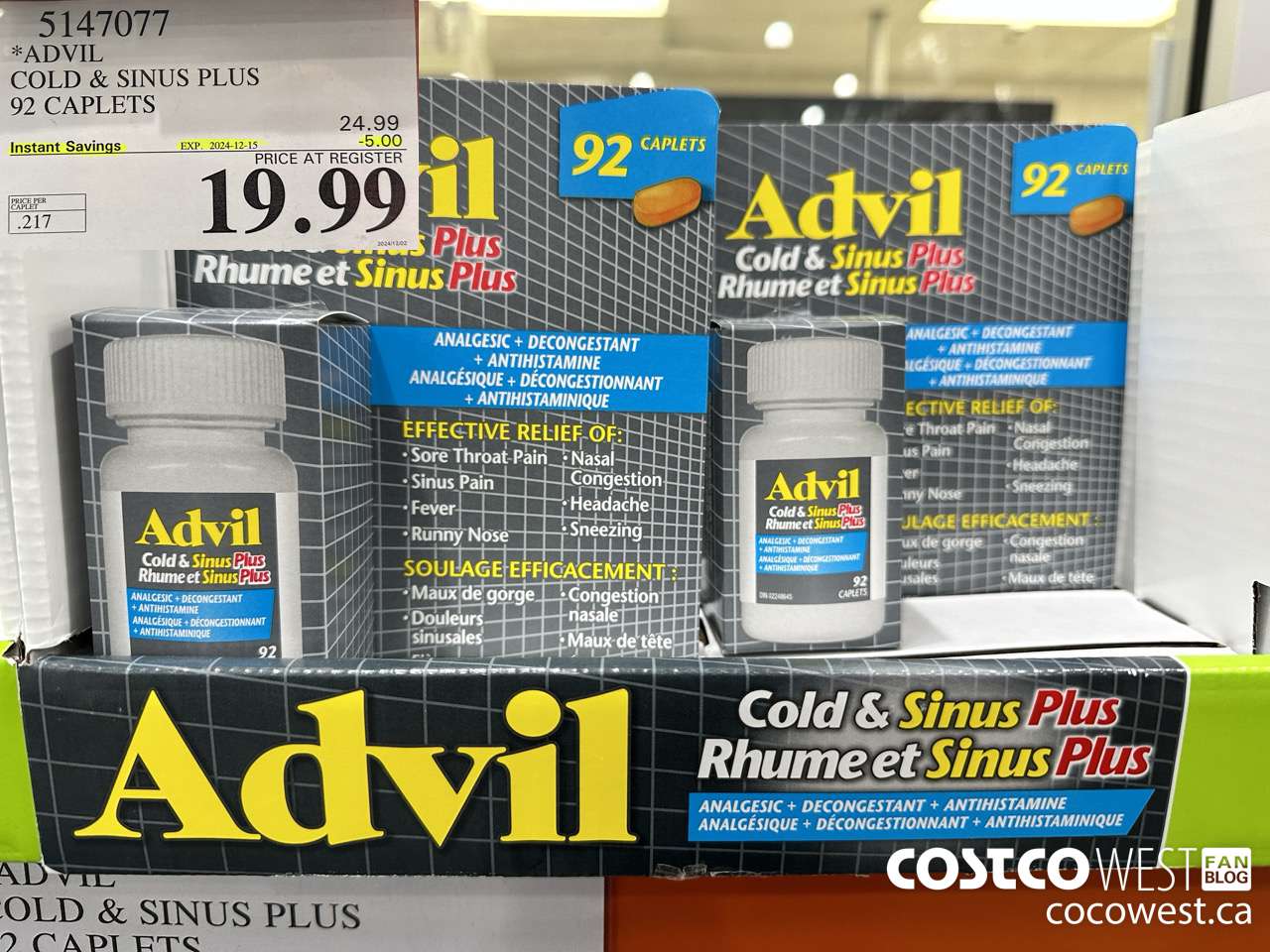 5147077 ADVIL COLD & SINUS PLUS 92 CAPLETS ($5.00 INSTANT SAVINGS EXPIRES ON 2024-12-15) $19.99