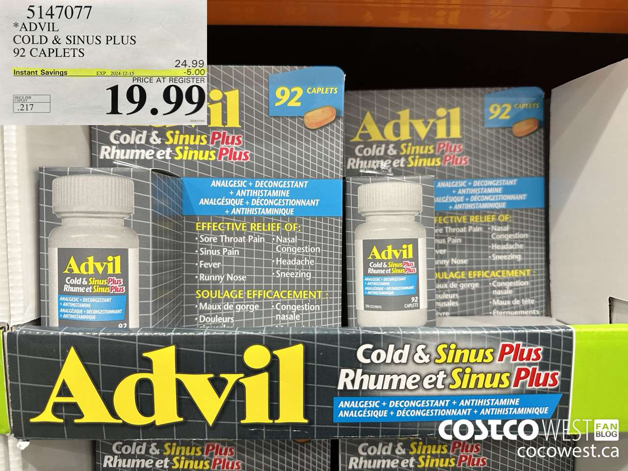 5147077 ADVIL COLD & SINUS PLUS 92 CAPLETS ($5.00 INSTANT SAVINGS EXPIRES ON 2024-12-15) $19.99