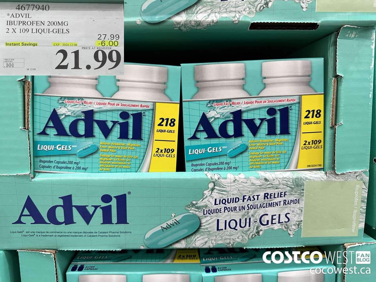 4677940 ADVIL IBUPROFEN 200MG 2 X 109 LIQUI-GELS ($6.00 INSTANT SAVINGS EXPIRES ON 2024-12-08) $21.99