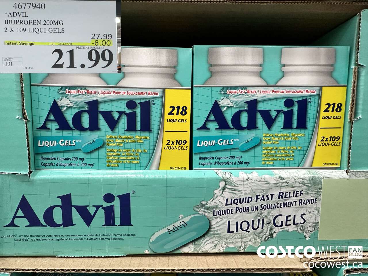 4677940 ADVIL IBUPROFEN 200MG 2 X 109 LIQUI-GELS ($6.00 INSTANT SAVINGS EXPIRES ON 2024-12-08) $21.99
