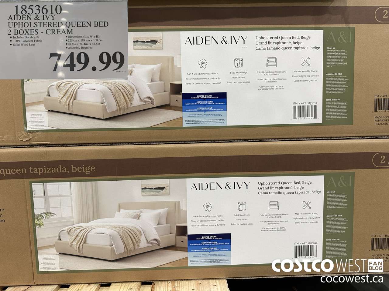 1853610 AIDEN & IVY UPHOLSTERED QUEEN BED 2 BOXES CREAM $749.99