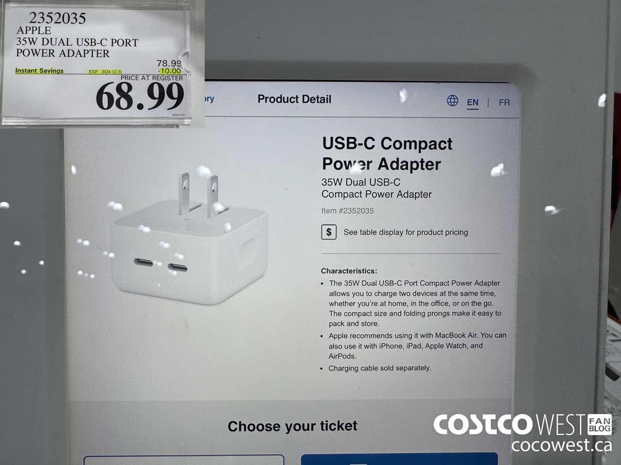 2352035 APPLE 35W DUAL USB-C PORT POWER ADAPTER ($10.00 INSTANT SAVINGS EXPIRES ON 2024-12-31) $68.99