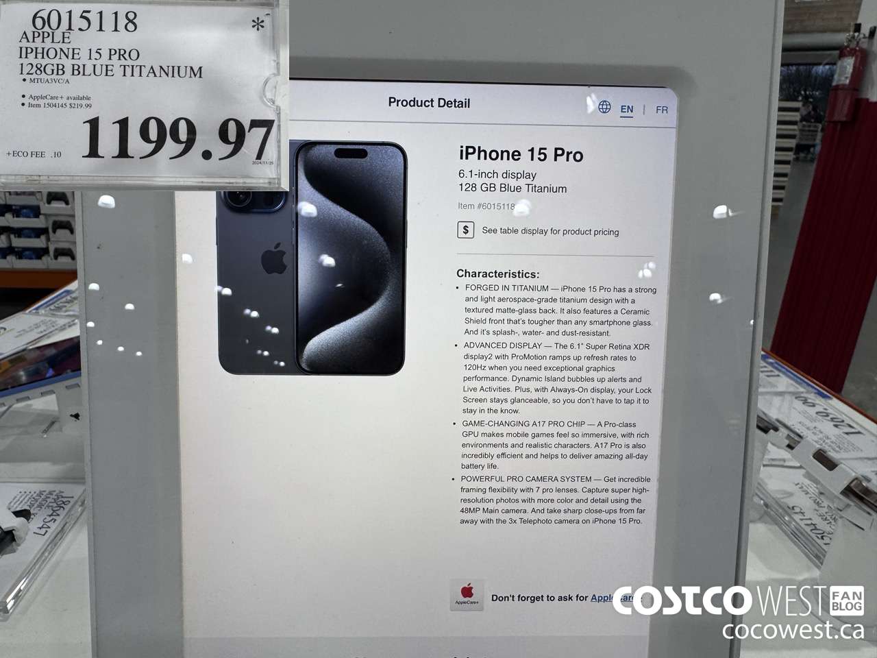 6015118 APPLE IPHONE 15 PRO 128 GB BLUE TITANIUM $1199.97