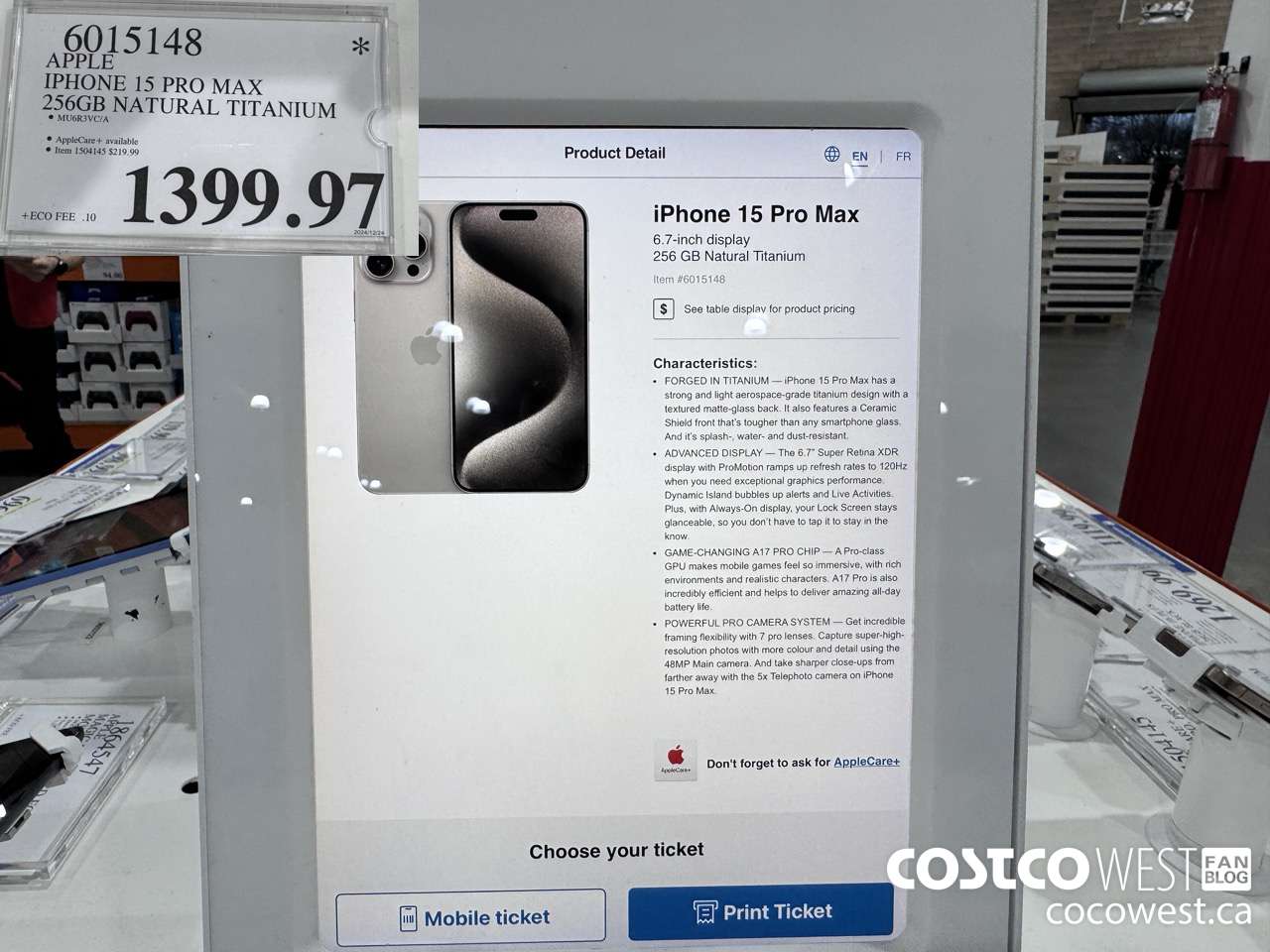 6015148 APPLE IPHONE 15 PRO MAX 256GB NATURAL TITANIUM $1399.97