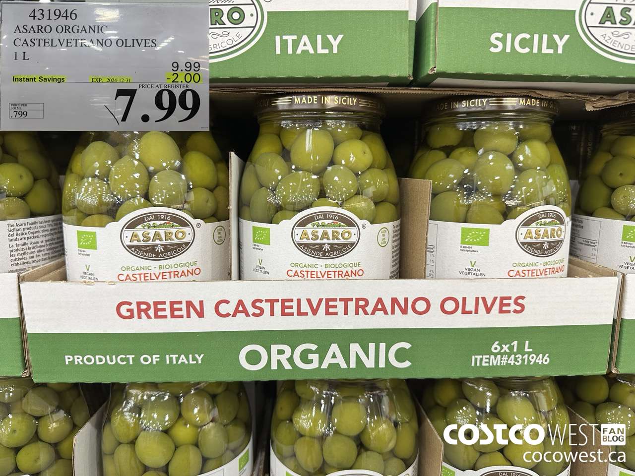 431946 ASARO CASTELVETRANO OLIVES ORGANIC 1 L ($2.00 INSTANT SAVINGS EXPIRES ON 2024-12-31) $7.99