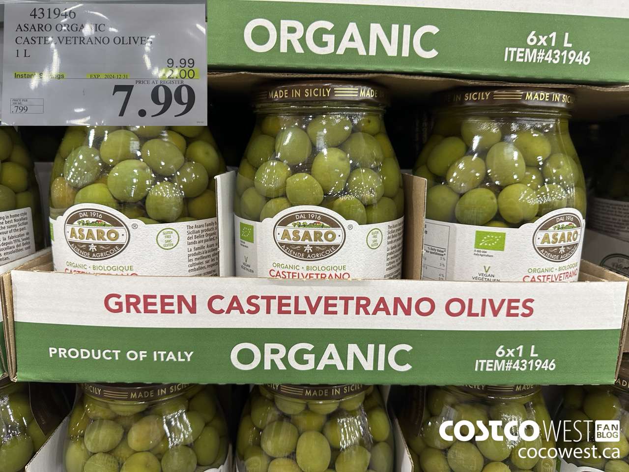 431946 ASARO CASTELVETRANO OLIVES ORGANIC 1 L ($2.00 INSTANT SAVINGS EXPIRES ON 2024-12-31) $7.99
