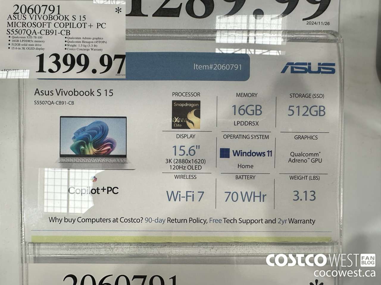 2060791 ASUS VIVOBOOK S 15 MICROSOFT COPILOT + PC S5507QA-CB91-CB $1399.97