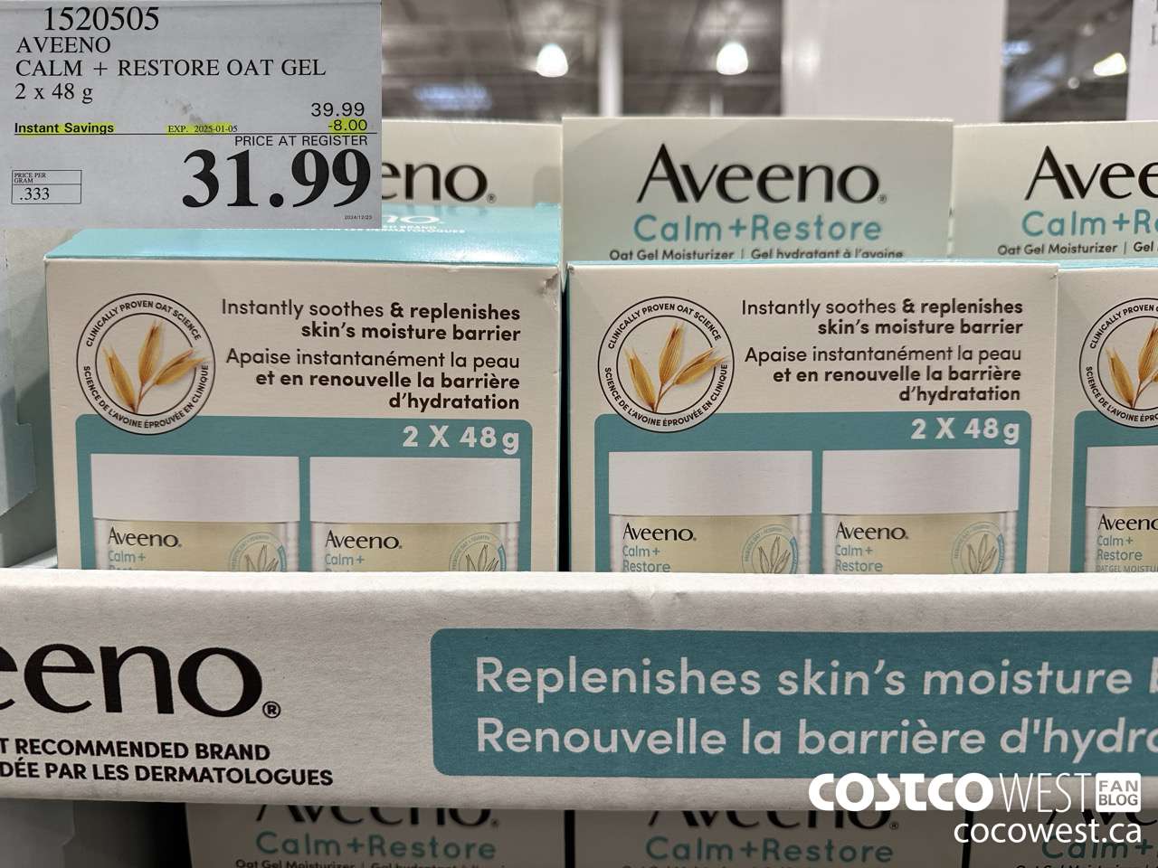1520505 AVEENO CALM + RESTORE OAT GEL MOISTURIZER 2x48 g  ($8.00 INSTANT SAVINGS EXPIRES ON 2025-01-05) $31.99