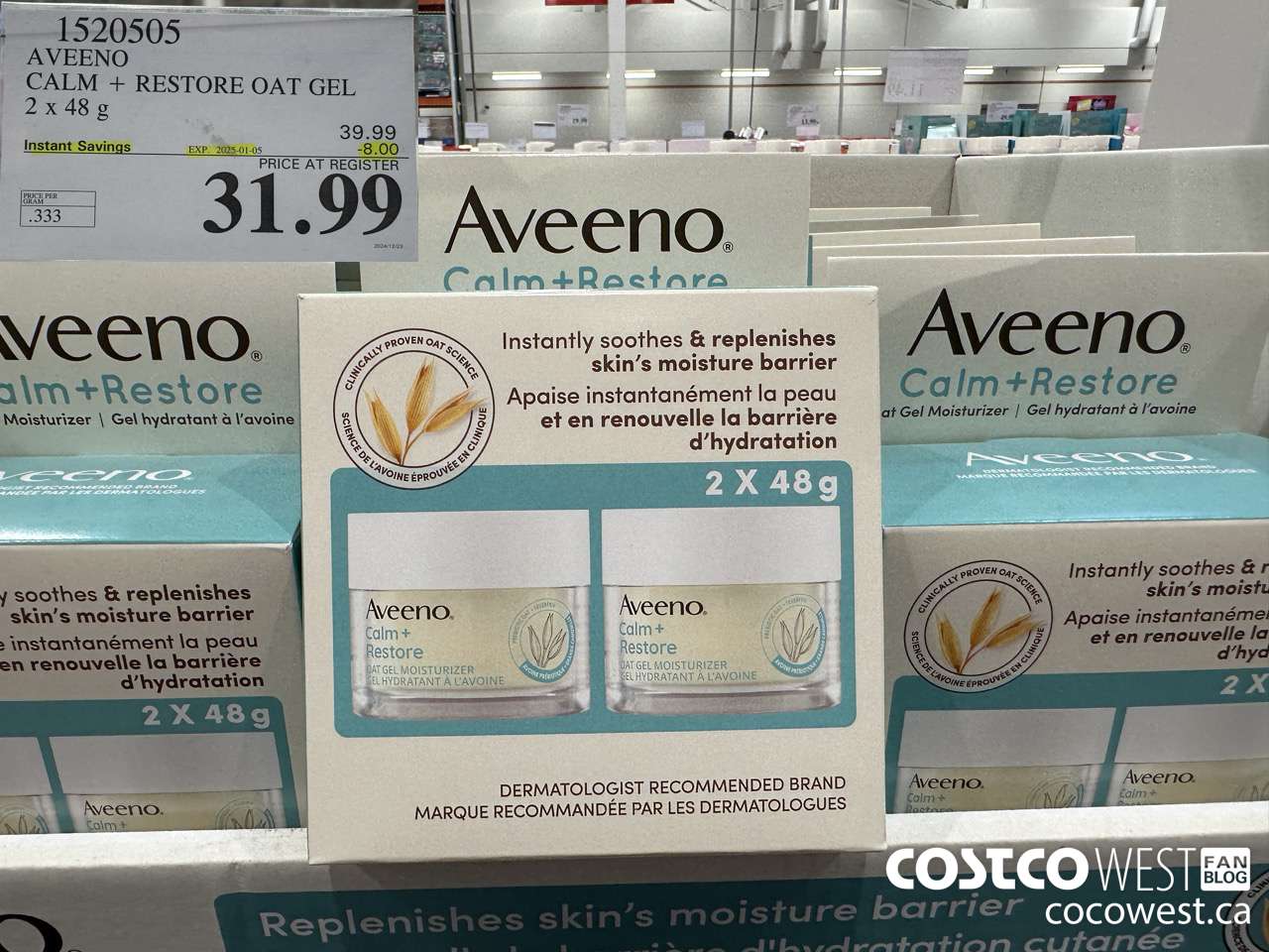 1520505 AVEENO CALM + RESTORE OAT GEL MOISTURIZER 2x48 g  ($8.00 INSTANT SAVINGS EXPIRES ON 2025-01-05) $31.99