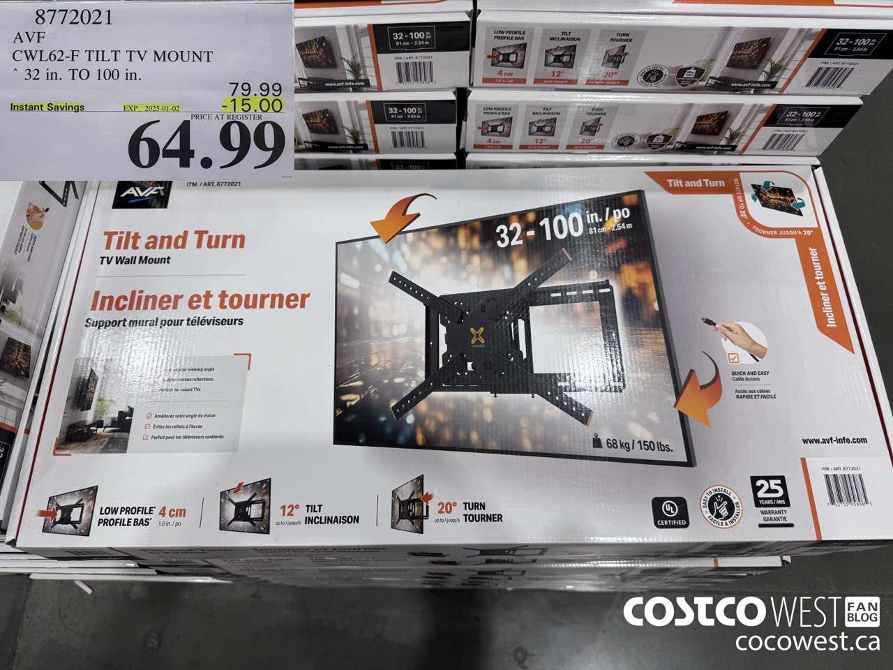 8772021 AVF CWL62-F TILT TV MOUNT 32 IN. TO 100IN ($15.00 INSTANT SAVINGS EXPIRES ON 2025-01-02) $64.99