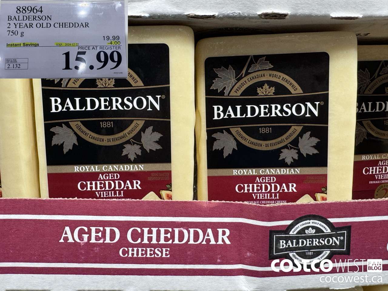 88964 BALDERSON 2 YEAR OLD CHEDDAR 750 g ($4.00 INSTANT SAVINGS EXPIRES ON 2024-12-22) $15.99