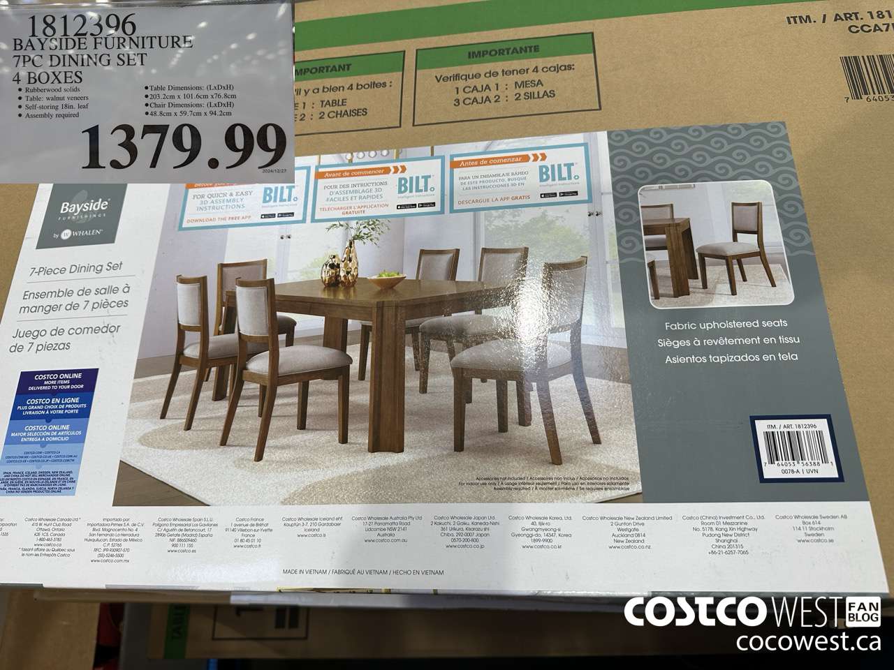 1812396 BAYSIDE FURNITURE 7PC DINING SET 4 BOXES $1379.99