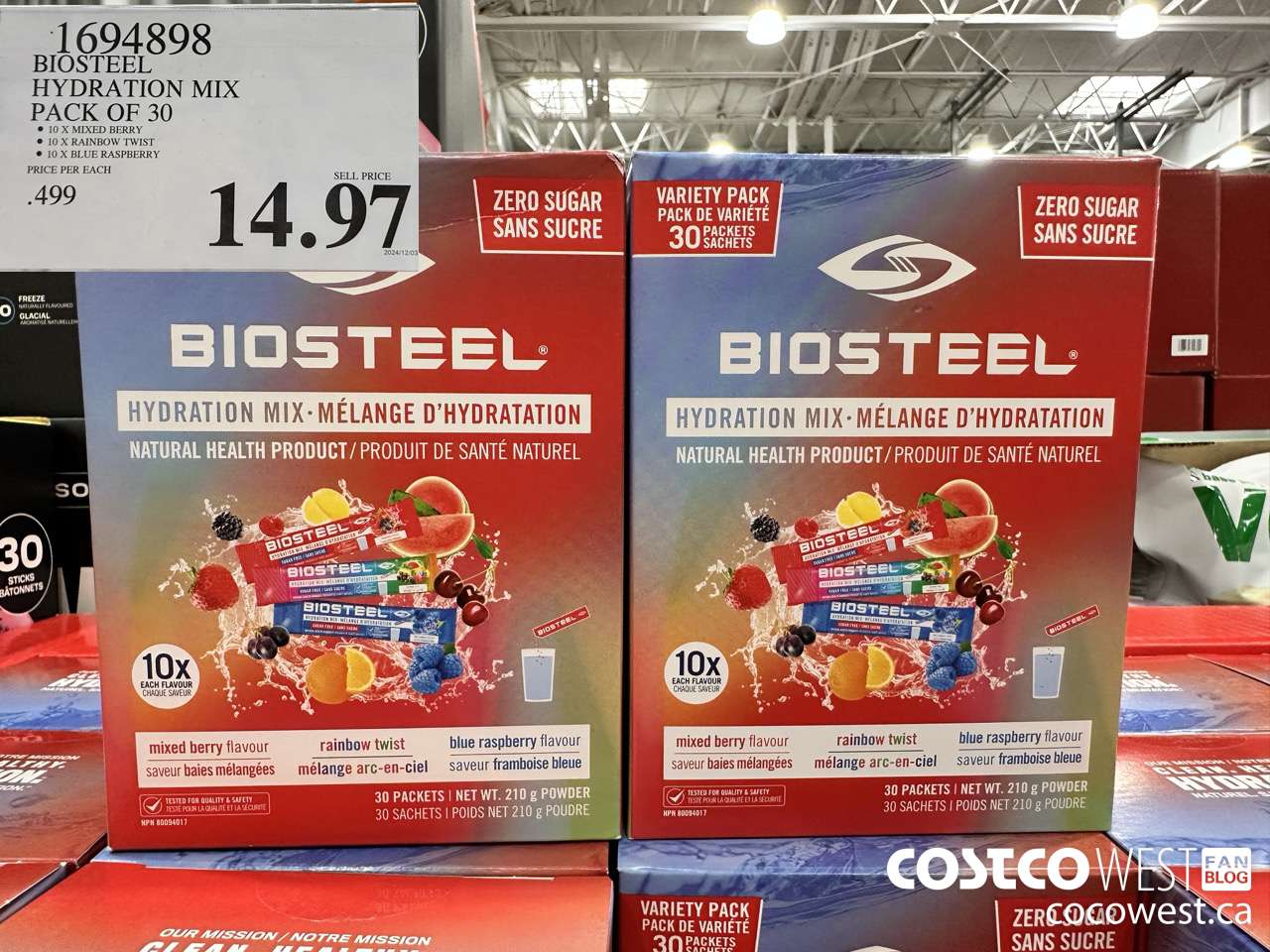 1694898 BIOSTEEL HYDRATION MIX PACK OF 30 $14.97