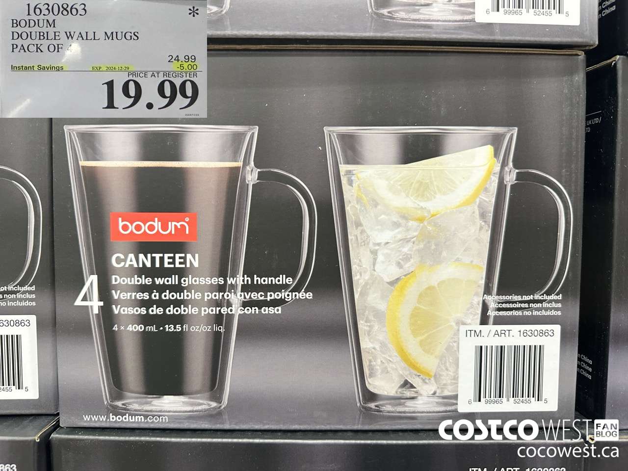 1630863 BODUM DOUBLE WALL MUG 13.5 OZ 4 PACK ($5.00 INSTANT SAVINGS EXPIRES ON 2024-12-29) $19.99