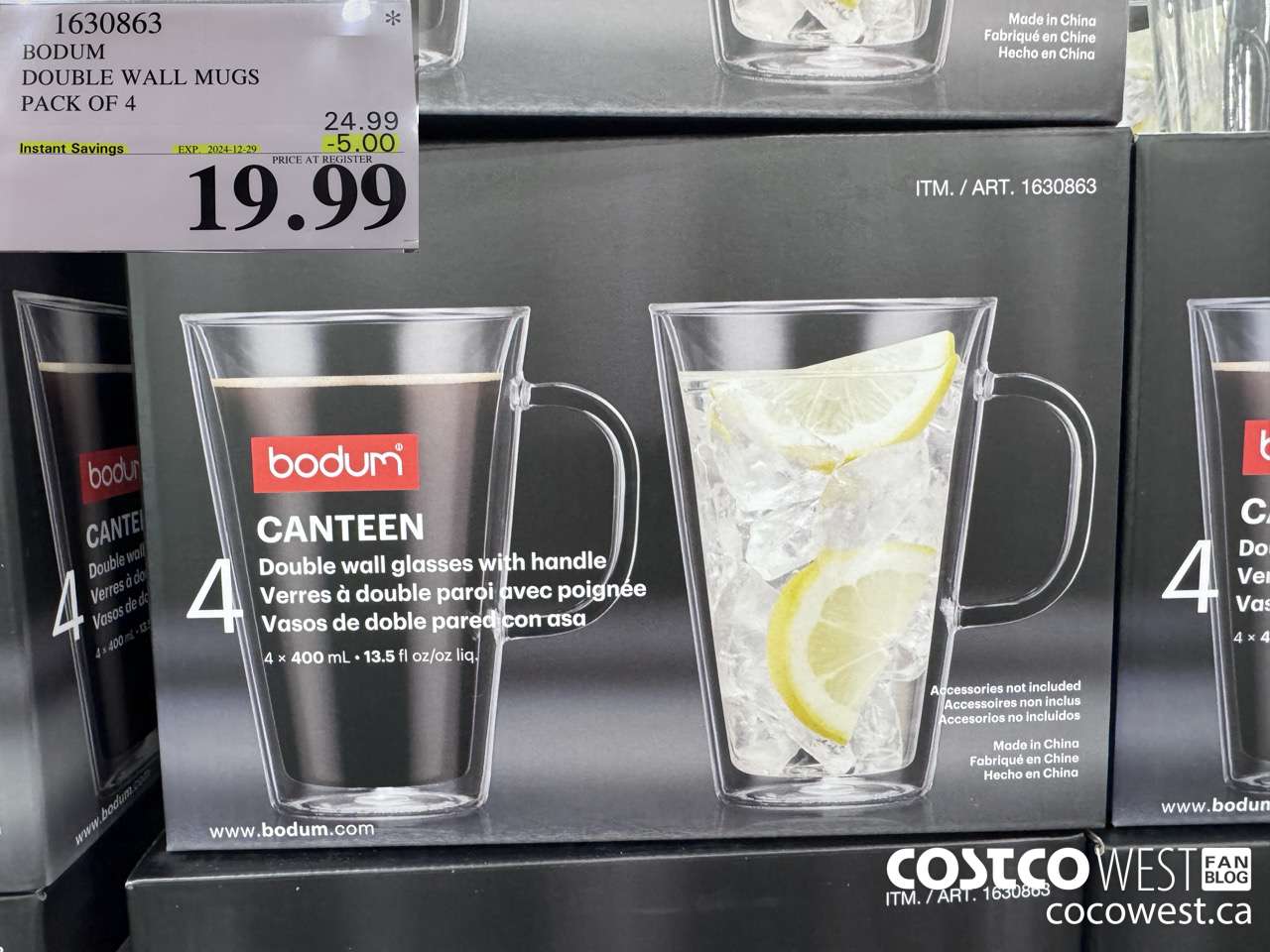 1630863 BODUM DOUBLE WALL MUG 13.5 OZ 4 PACK ($5.00 INSTANT SAVINGS EXPIRES ON 2024-12-29) $19.99