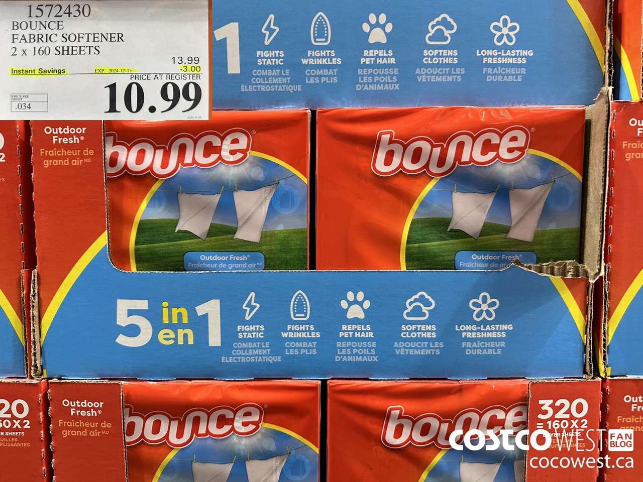 1572430 BOUNCE FABRIC SOFTENER 2 X 160 SHEETS ($3.00 INSTANT SAVINGS EXPIRES ON 2024-12-15) $10.99