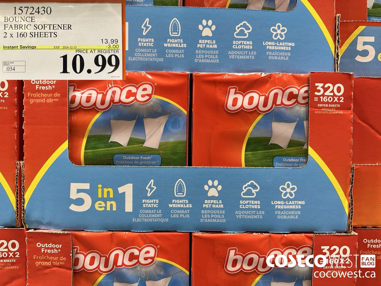 1572430 BOUNCE FABRIC SOFTENER 2 X 160 SHEETS ($3.00 INSTANT SAVINGS EXPIRES ON 2024-12-15) $10.99