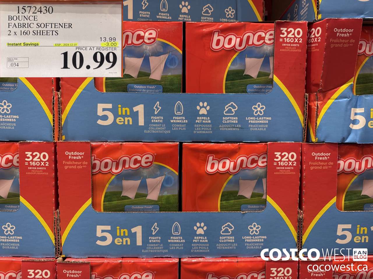 1572430 BOUNCE FABRIC SOFTENER 2 X 160 SHEETS ($3.00 INSTANT SAVINGS EXPIRES ON 2024-12-15) $10.99