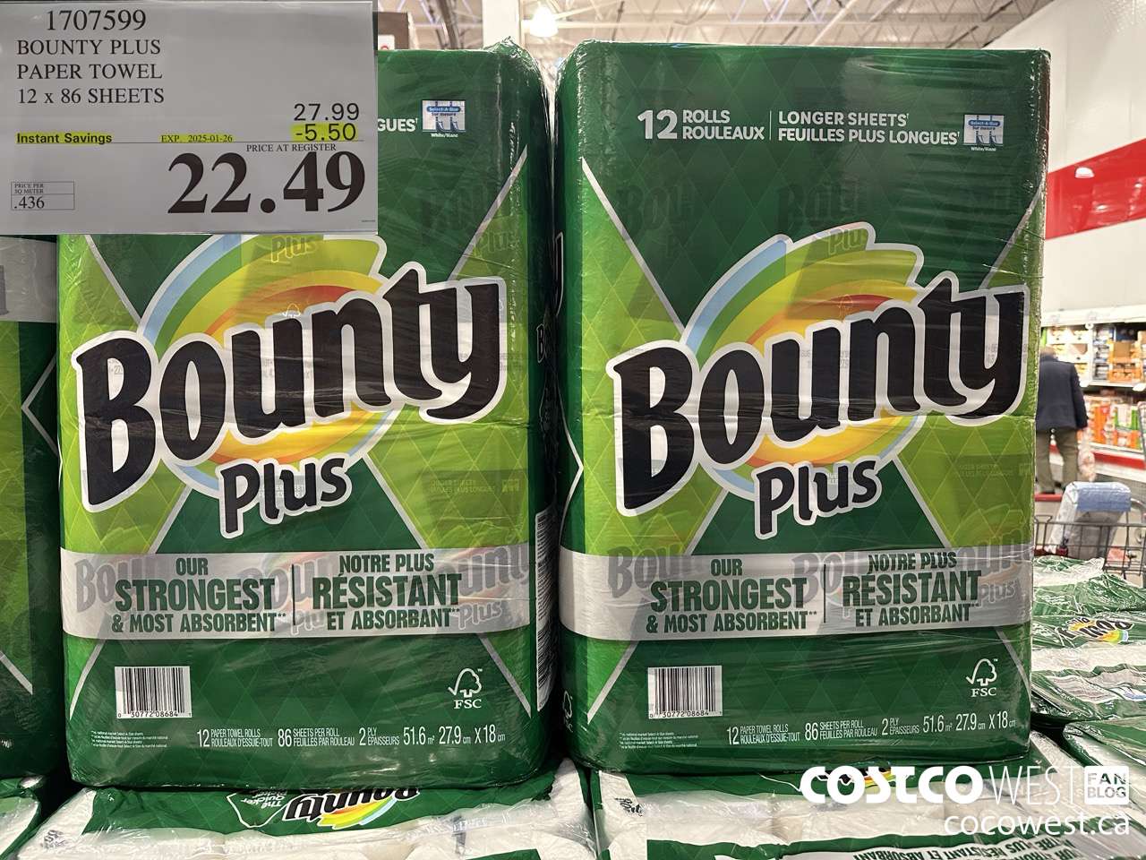 1707599 BOUNTY PLUS PAPER TOWEL 12 X 86 SHEETS ($5.50 INSTANT SAVINGS EXPIRES ON 2025-01-26) $22.49