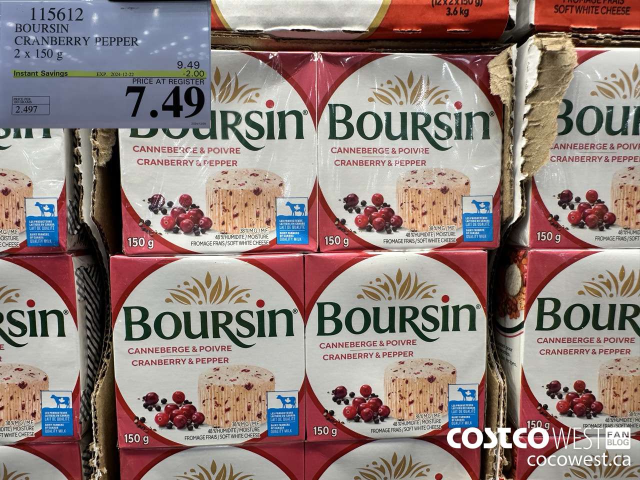 115612 BOURSIN CRANBERRY PEPPER 2 X 150 G ($2.00 INSTANT SAVINGS EXPIRES ON 2024-12-22) $7.49