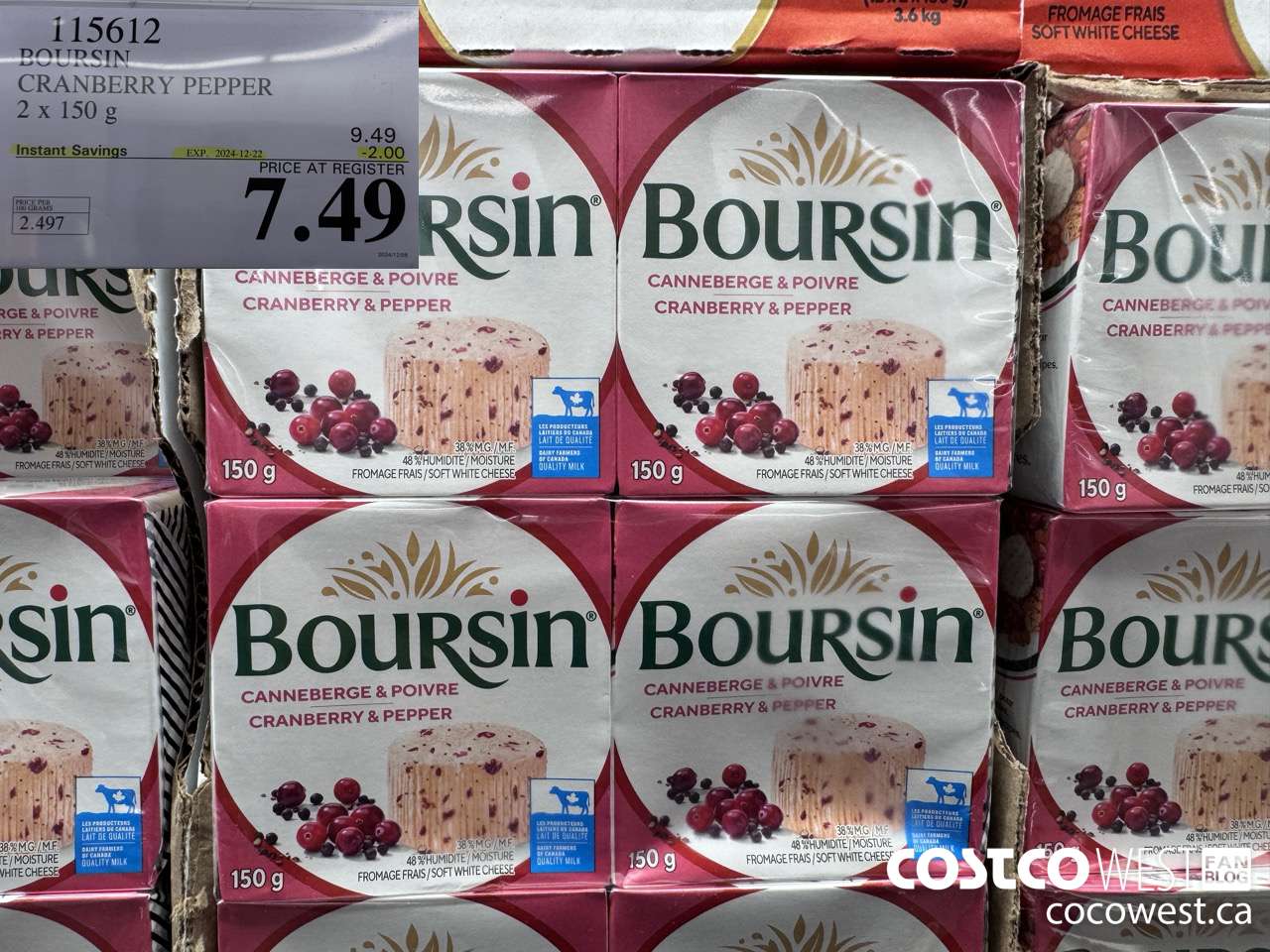 115612 BOURSIN CRANBERRY PEPPER 2 X 150 G ($2.00 INSTANT SAVINGS EXPIRES ON 2024-12-22) $7.49