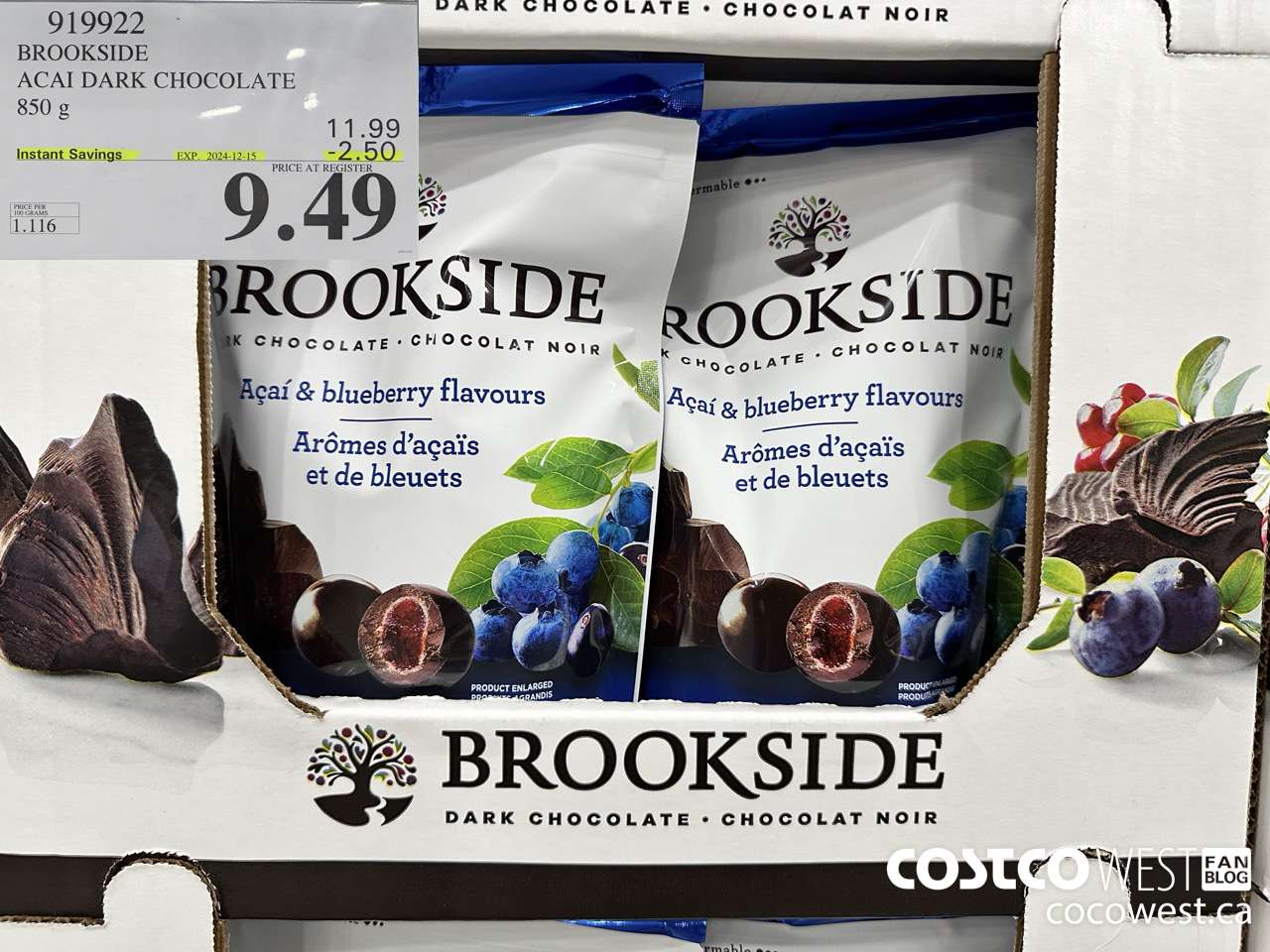 919922 BROOKSIDE ACAI DARK CHOCOLATE 850 g ($2.50 INSTANT SAVINGS EXPIRES ON 2024-12-15) $9.49