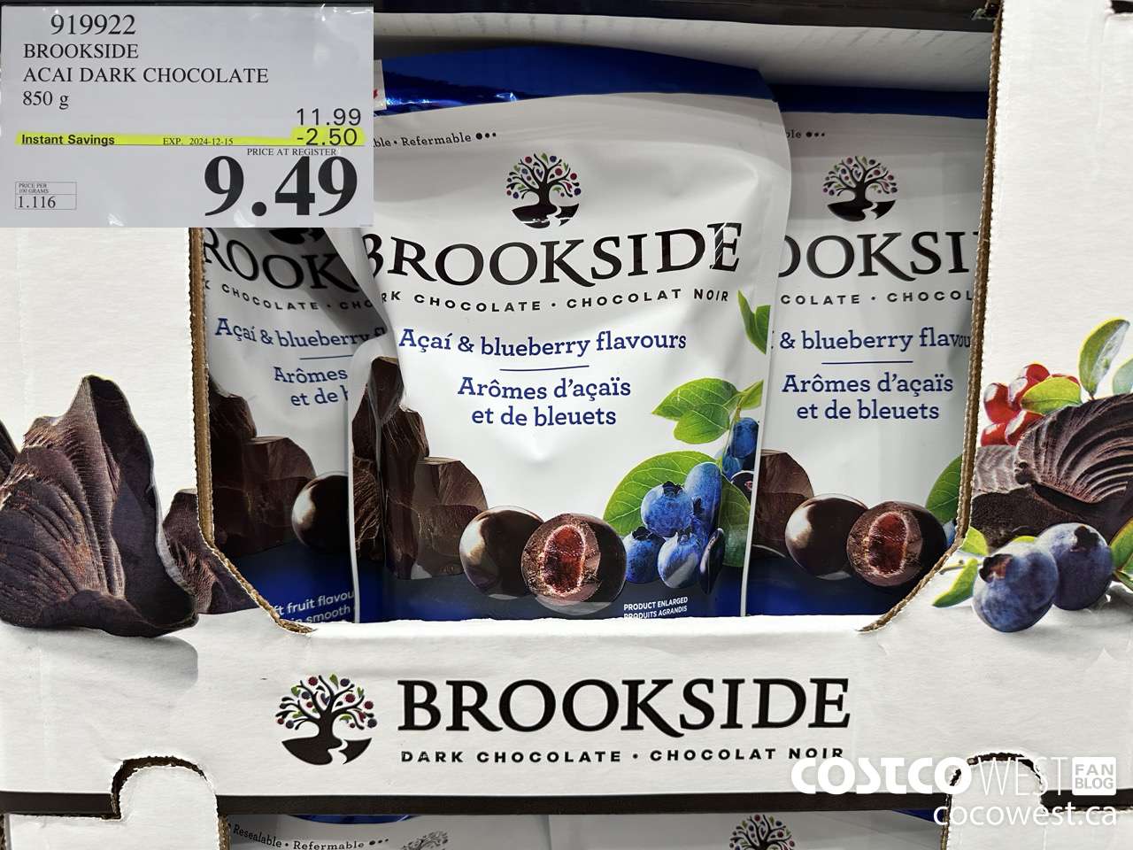 919922 BROOKSIDE ACAI DARK CHOCOLATE 850 g ($2.50 INSTANT SAVINGS EXPIRES ON 2024-12-15) $9.49