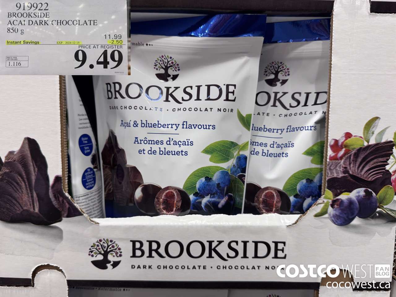 919922 BROOKSIDE ACAI DARK CHOCOLATE 850 g ($2.50 INSTANT SAVINGS EXPIRES ON 2024-12-15) $9.49