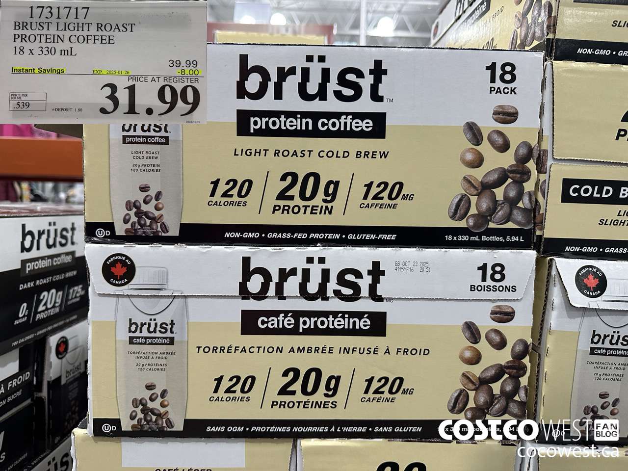 1731717 BRUST LIGHT ROAST PROTEIN COFFEE 18 X 330 ML ($8.00 INSTANT SAVINGS EXPIRES ON 2025-01-26) $31.99