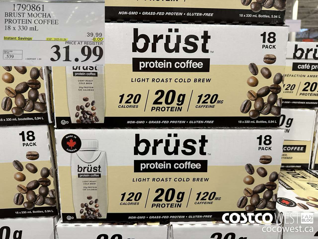 1790861 BRUST MOCHA PROTEIN COFFEE 18 X 330ML ($8.00 INSTANT SAVINGS EXPIRES ON 2025-01-26) $31.99
