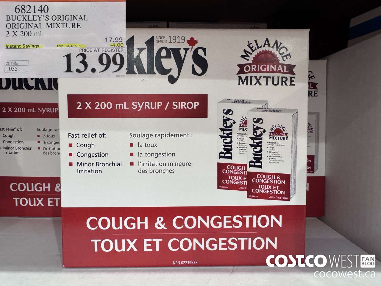 682140 BUCKLEY'S ORIGINAL MIXTURE 2 X 200ML ($4.00 INSTANT SAVINGS EXPIRES ON 2024-12-15) $13.99