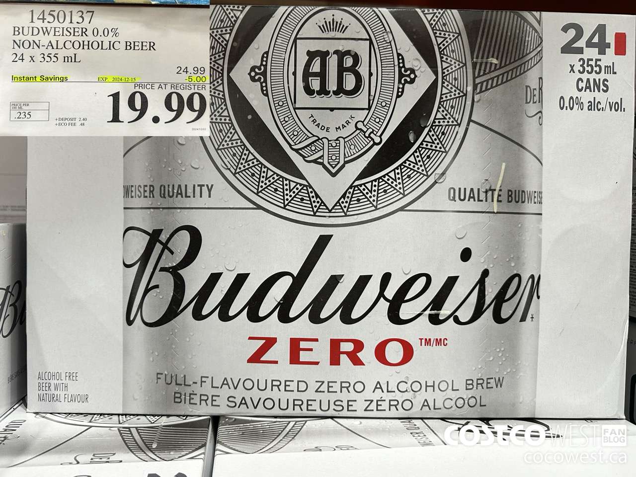 1450137 BUDWEISER 0.0% 24 x 355 mL ($5.00 INSTANT SAVINGS EXPIRES ON 2024-12-15) $19.99