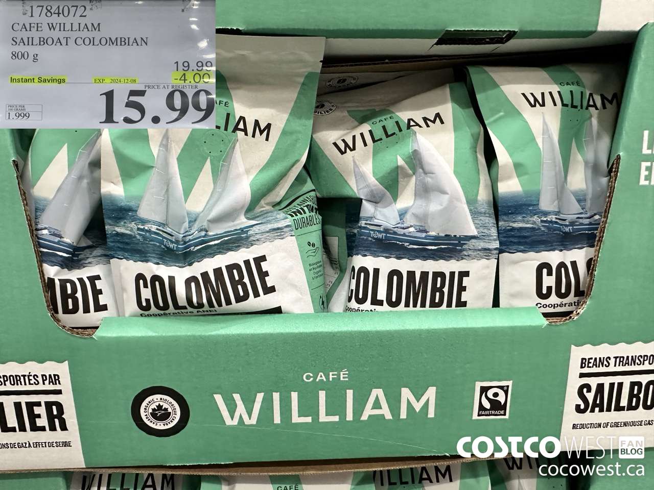 1784072 CAFE WILLIAM SAILBOAT COLOMBIAN 800G ($4.00 INSTANT SAVINGS EXPIRES ON 2024-12-08) $15.99