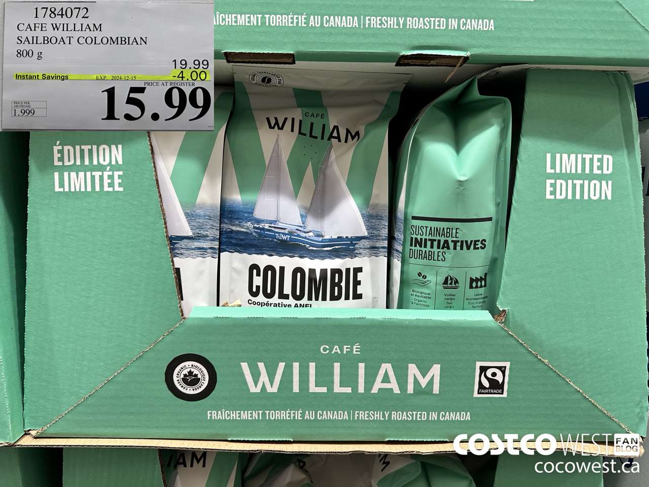 1784072 CAFE WILLIAM SAILBOAT COLOMBIAN 800G ($4.00 INSTANT SAVINGS EXPIRES ON 2024-12-15) $15.99