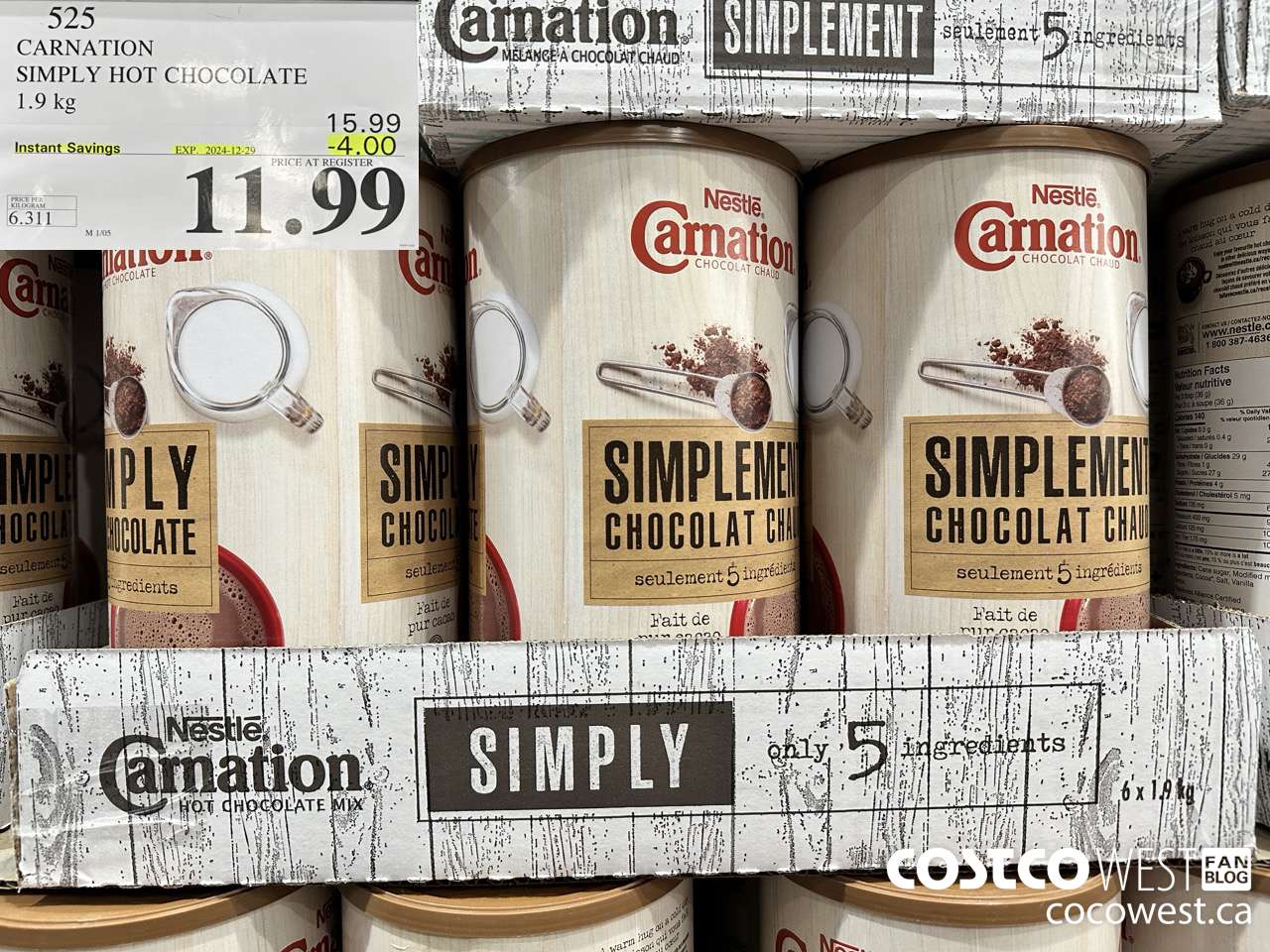 525 CARNATION 5 SIMPLE INGREDIENTS HOT CHOCOLATE 1.9 kg ($4.00 INSTANT SAVINGS EXPIRES ON 2024-12-29) $11.99