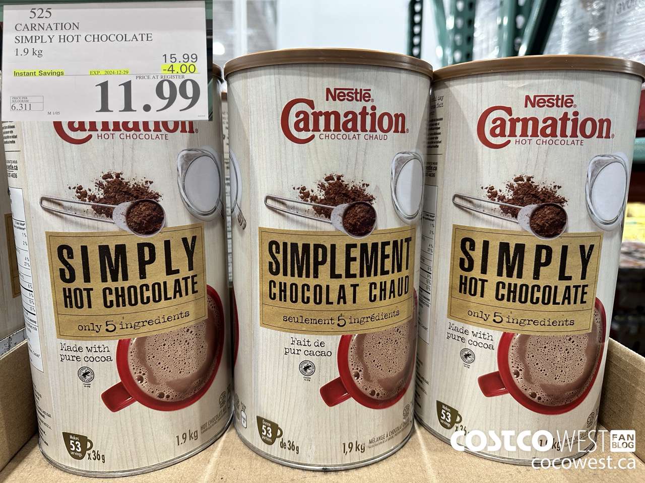 525 CARNATION 5 SIMPLE INGREDIENTS HOT CHOCOLATE 1.9 kg ($4.00 INSTANT SAVINGS EXPIRES ON 2024-12-29) $11.99