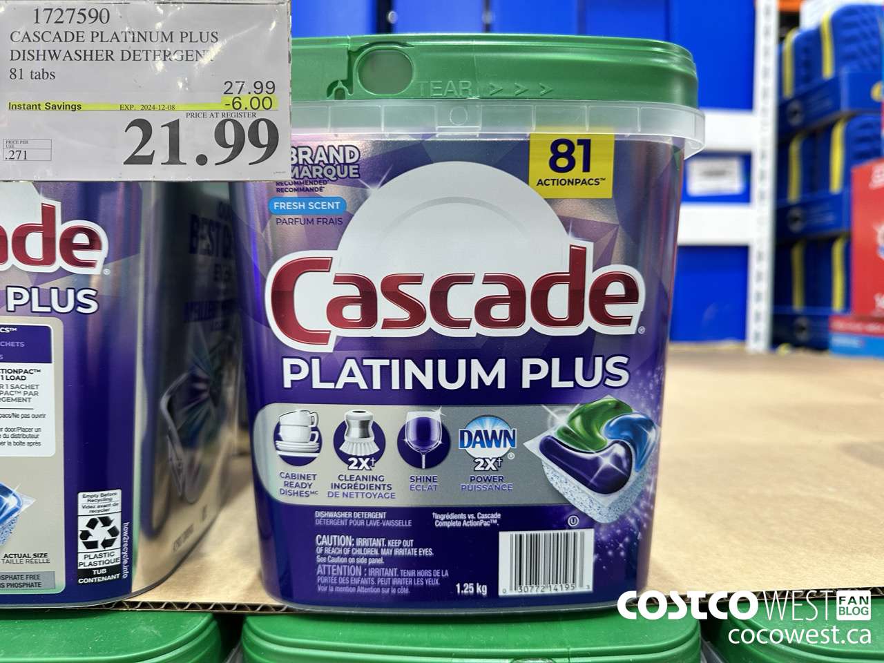 1727590 CASCADE PLATINUM PLUS DISHWASHER DETERGENT 81 TABS ($6.00 INSTANT SAVINGS EXPIRES ON 2024-12-08) $21.99