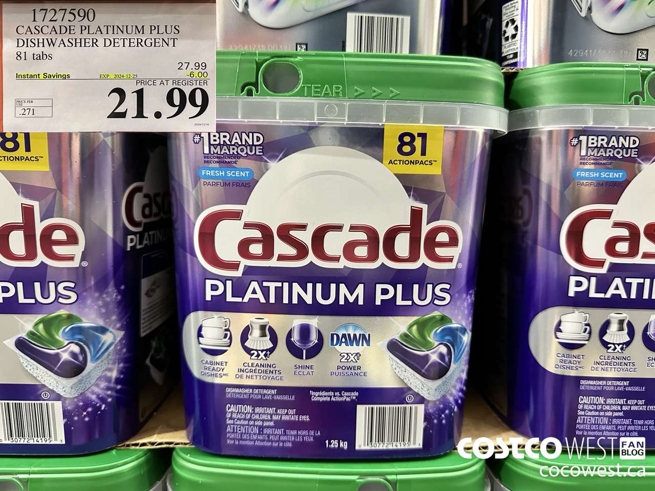 1727590 CASCADE PLATINUM PLUS DISHWASHER DETERGENT 81 TABS ($6.00 INSTANT SAVINGS EXPIRES ON 2024-12-25) $21.99
