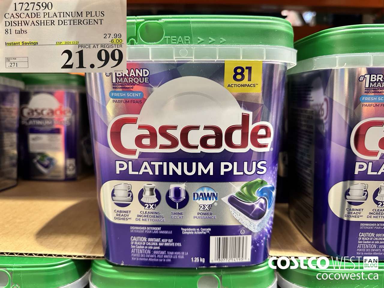 1727590 CASCADE PLATINUM PLUS DISHWASHER DETERGENT 81 TABS ($6.00 INSTANT SAVINGS EXPIRES ON 2024-12-25) $21.99