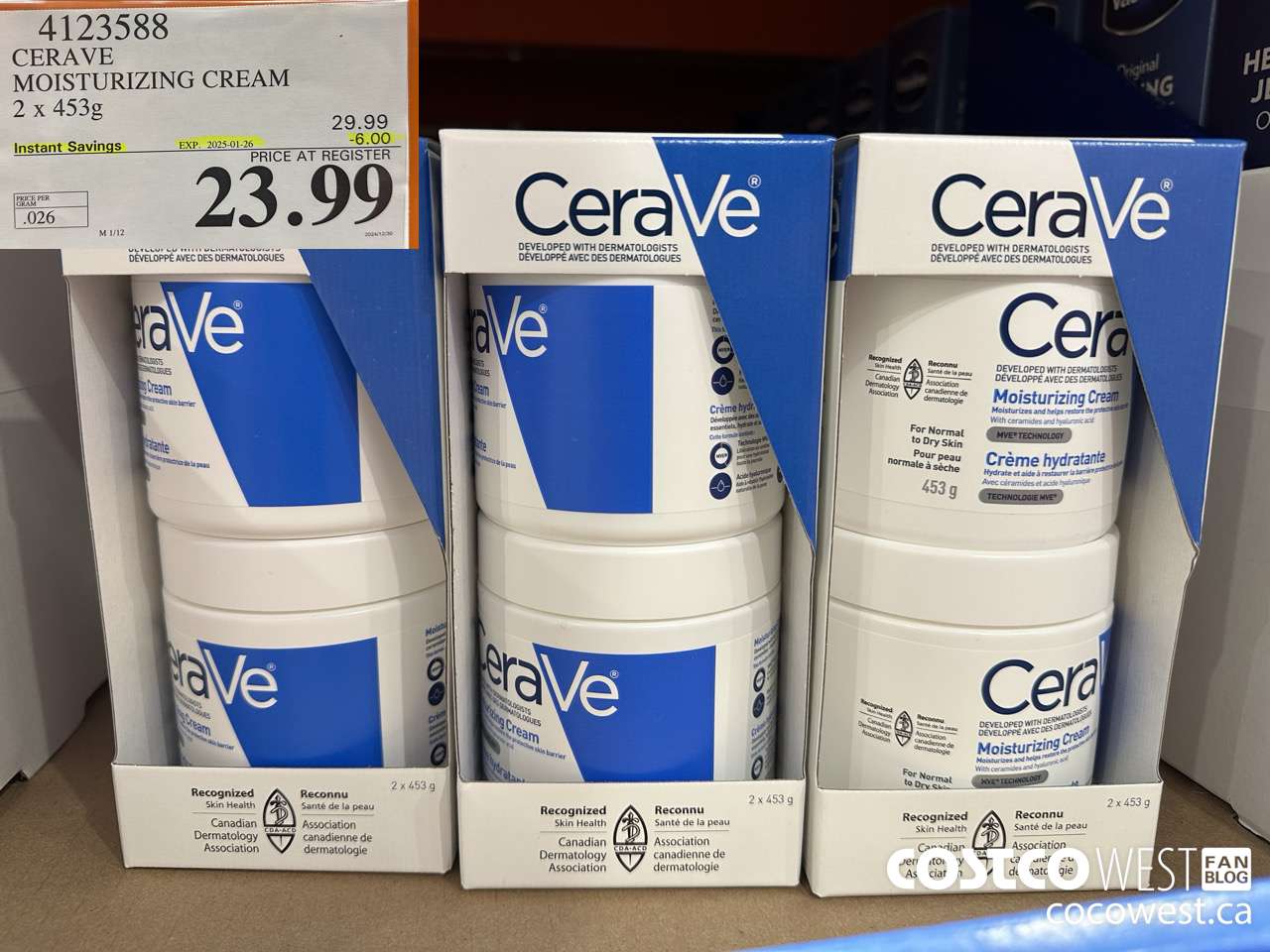 4123588 CERAVE MOSTURIZING CREAM 2 X 453G ($6.00 INSTANT SAVINGS EXPIRES ON 2025-01-26) $23.99