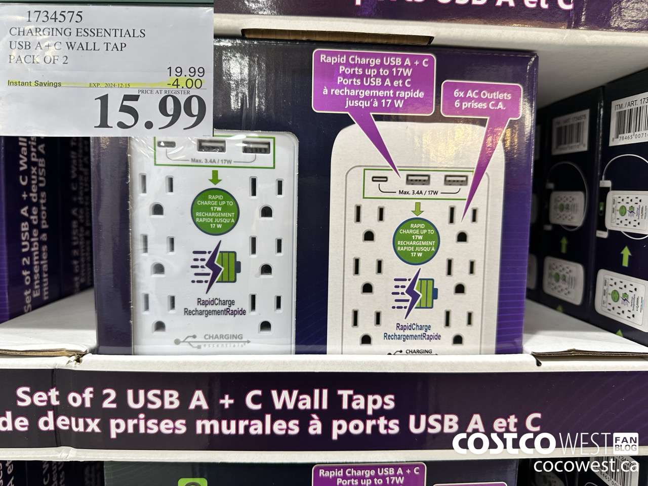 1734575 CHARGING ESSENTIALS USB A+C WALL TAP PACK OF 2 ($4.00 INSTANT SAVINGS EXPIRES ON 2024-12-15) $15.99