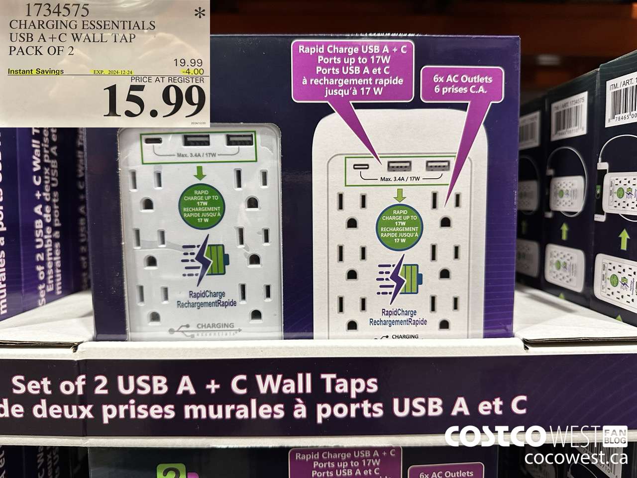 1734575 CHARGING ESSENTIALS USB A+C WALL TAP PACK OF 2 ($4.00 INSTANT SAVINGS EXPIRES ON 2024-12-24) $15.99