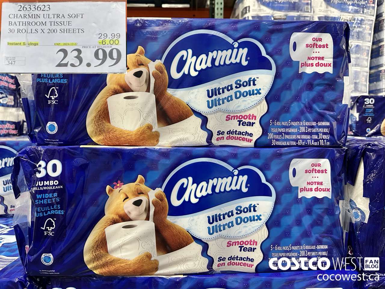 2633623 CHARMIN ULTRA SOFT BATHROOM TISSUE 30 ROLLS X 200 SHEETS ($6.00 INSTANT SAVINGS EXPIRES ON 2024-12-22) $23.99