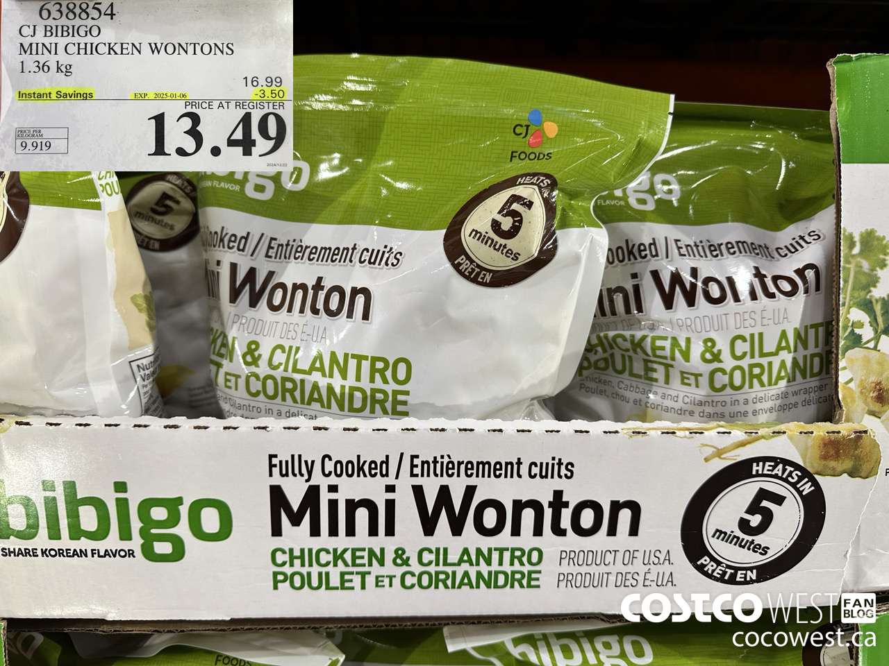 638854 CJ BIBIGO MINI CHICKEN WONTONS 1.36 KG ($3.50 INSTANT SAVINGS EXPIRES ON 2025-01-06) $13.49