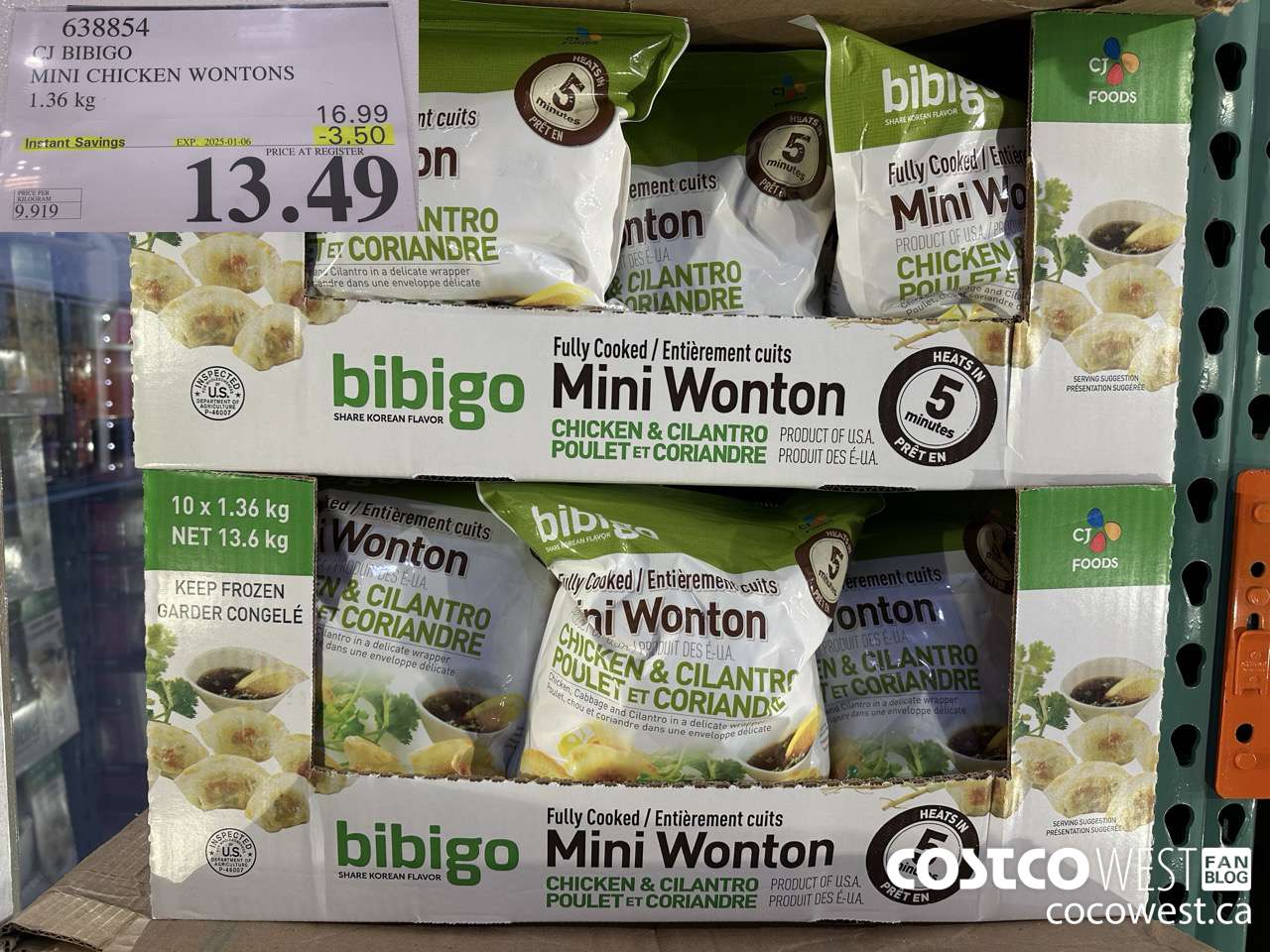638854 CJ BIBIGO MINI CHICKEN WONTONS 1.36 KG ($3.50 INSTANT SAVINGS EXPIRES ON 2025-01-06) $13.49