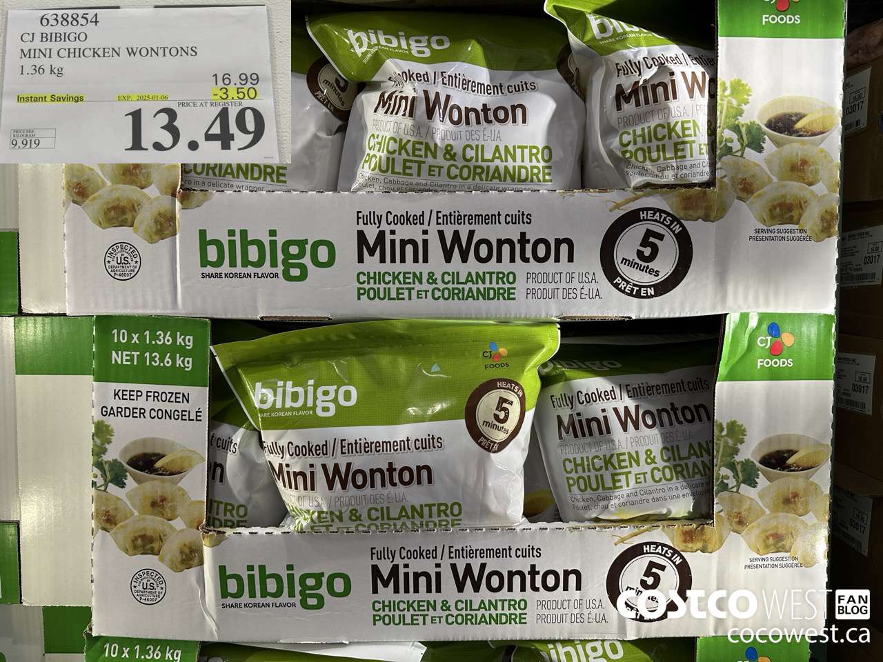 638854 CJ BIBIGO MINI CHICKEN WONTONS 1.36 KG ($3.50 INSTANT SAVINGS EXPIRES ON 2025-01-06) $13.49