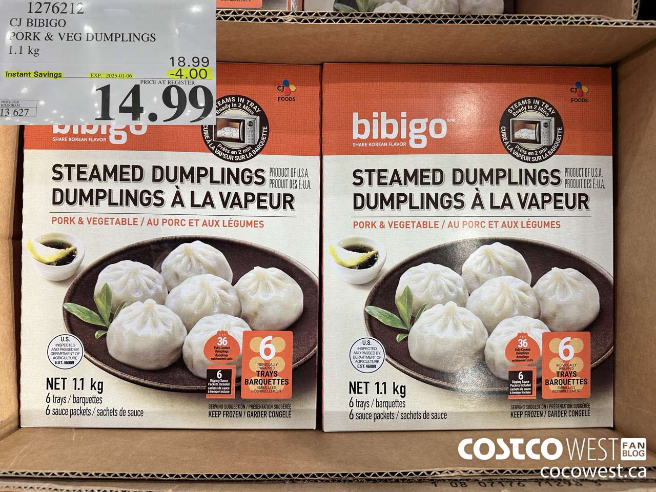 1276212 CJ BIBIGO PORK & VEG DUMPLINGS 1.1KG ($4.00 INSTANT SAVINGS EXPIRES ON 2025-01-06) $14.99