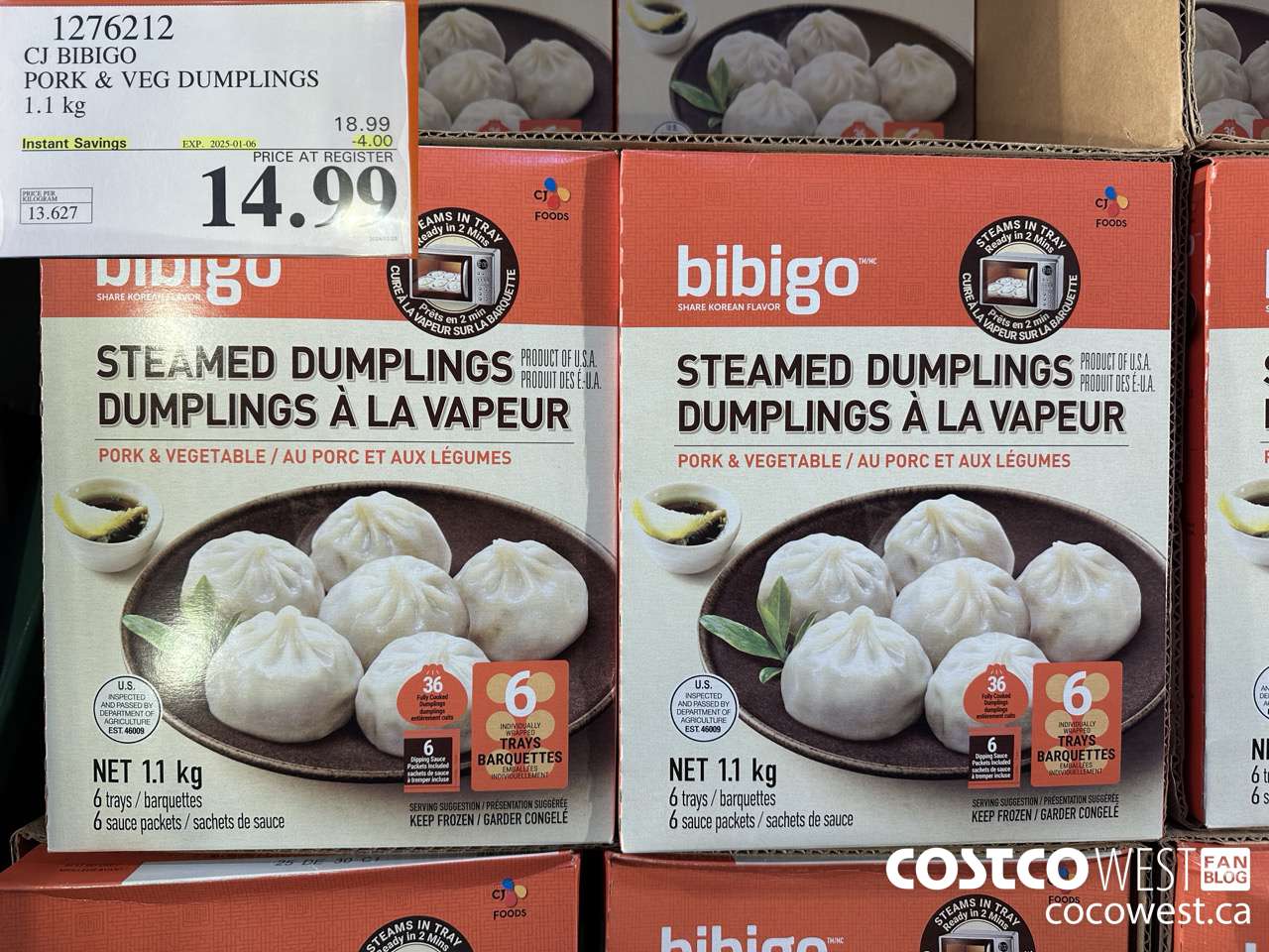 1276212 CJ BIBIGO PORK & VEG DUMPLINGS 1.1KG ($4.00 INSTANT SAVINGS EXPIRES ON 2025-01-06) $14.99