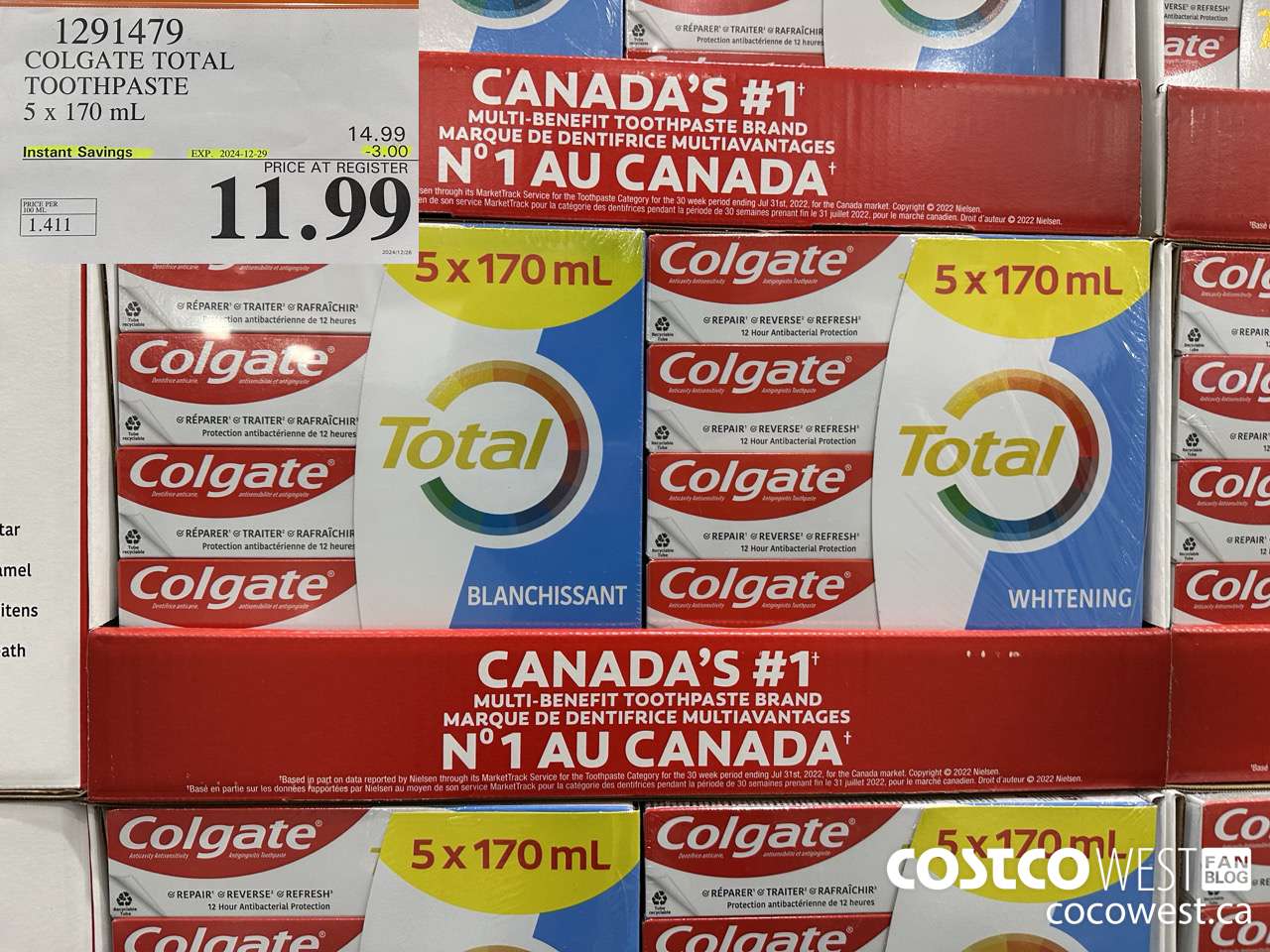 1291479 COLGATE TOTAL TOOTHPASTE 5 x 170 mL ($3.00 INSTANT SAVINGS EXPIRES ON 2024-12-29) $11.99