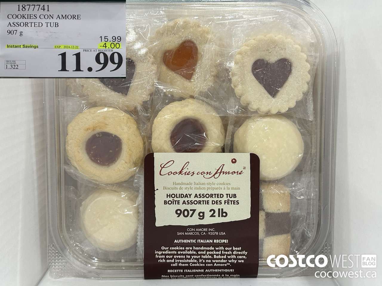1877741 COOKIES CON AMORE ASSORTED TUB 907G ($4.00 INSTANT SAVINGS EXPIRES ON 2024-12-22) $11.99